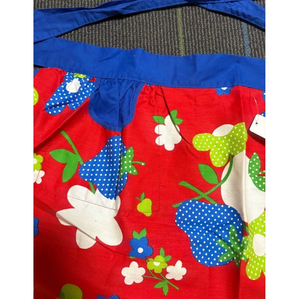 Vintage Red Fruit Floral Print Waist Apron Blue Trim Retro Kitchen Half Apron